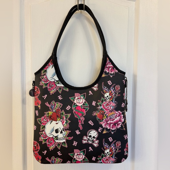 NWT Ed Hardy 22” Black & Pink Skull Floral Shoulder Bag - Picture 8 of 11